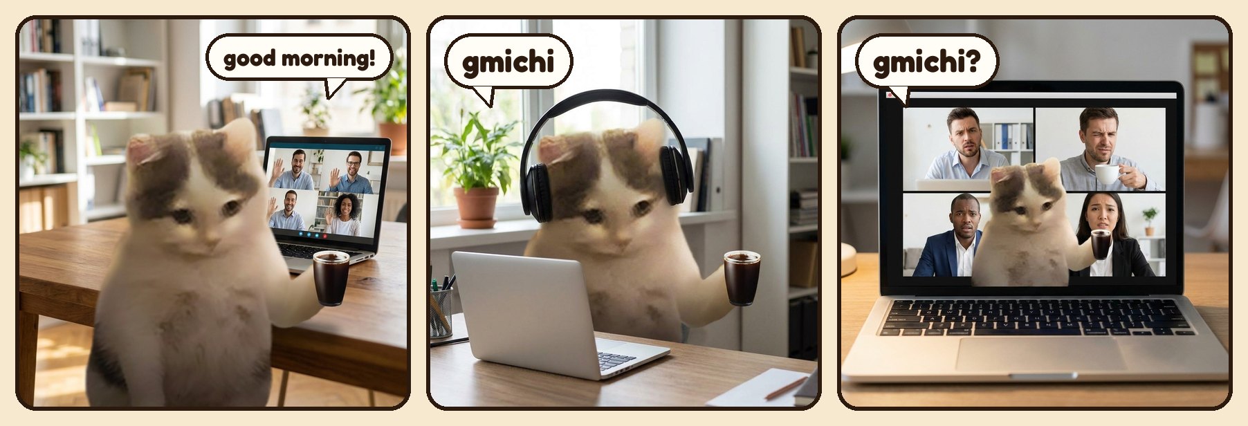 Coworkers on a video call say good morning, Michi says gmichi, everyone is confused