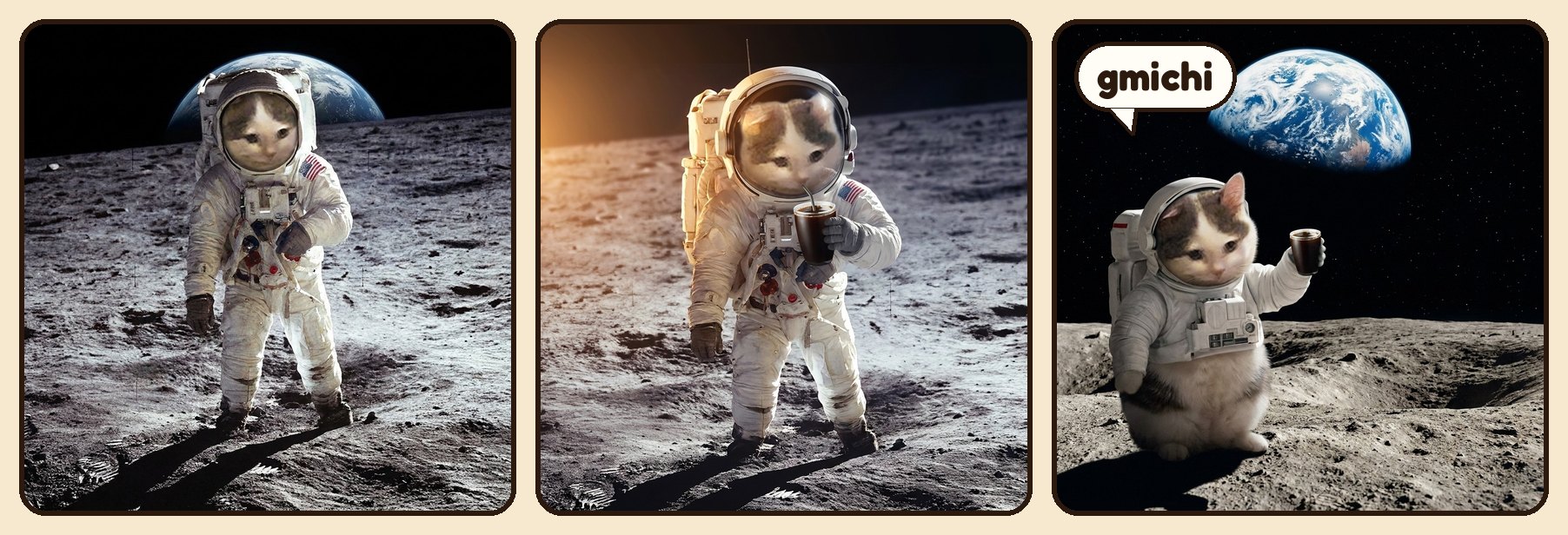 Astronaut Michi on the moon sips coffee at earthrise and says gmichi, Earth says gmichi back