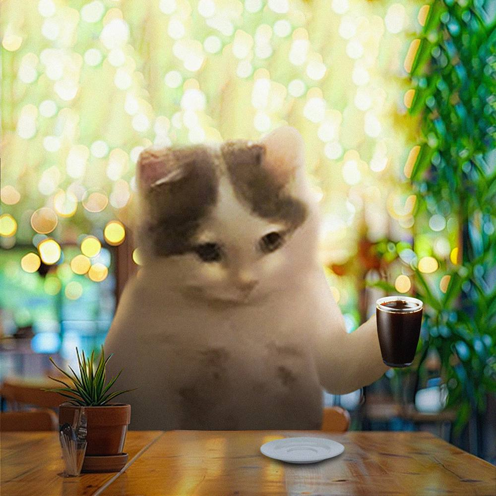 Michi sitting in a sunlit café, raising a glass of black coffee